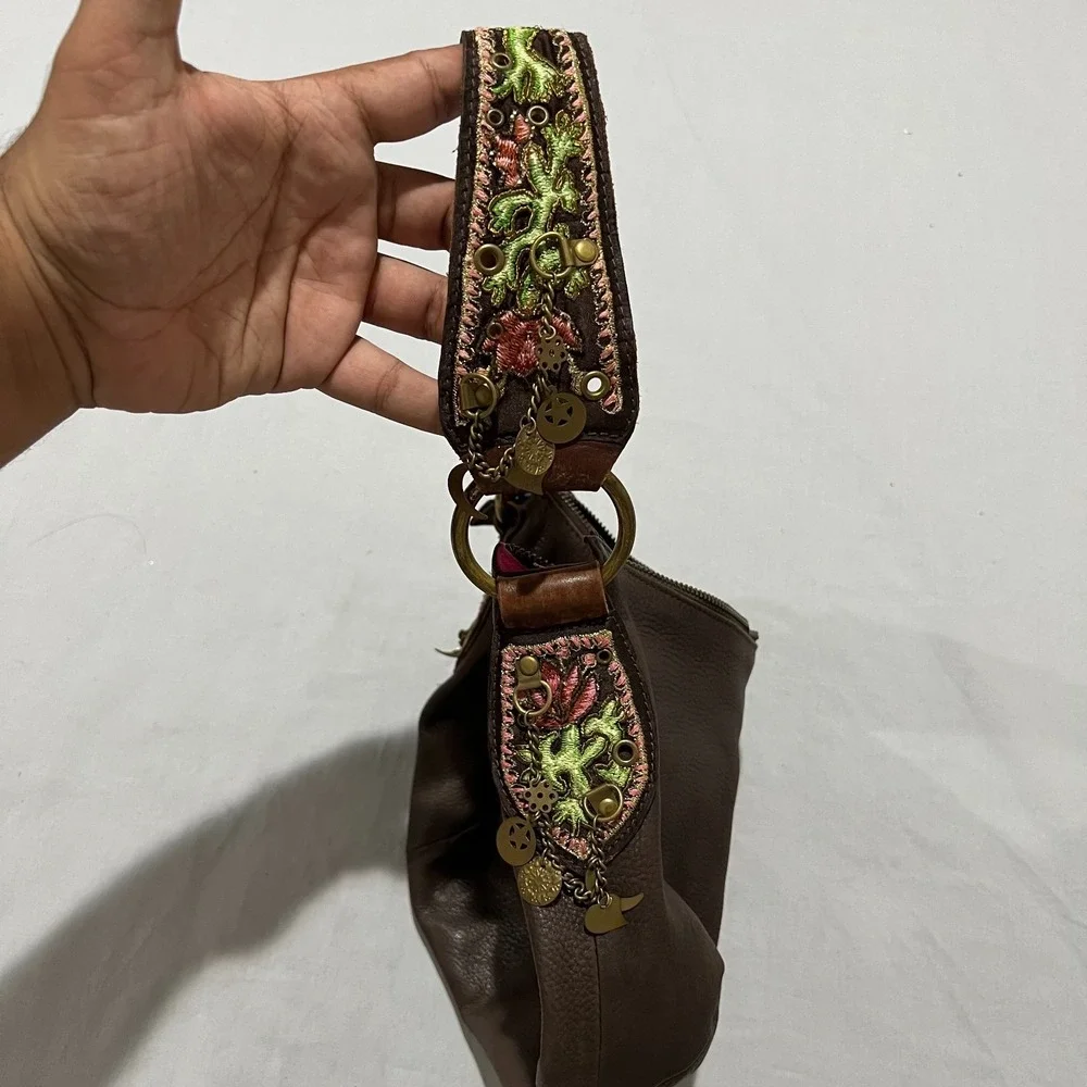 Y2K Betsey Johnson Womens Brown Studded Boho Floral Charm Leather Hobo Handbag